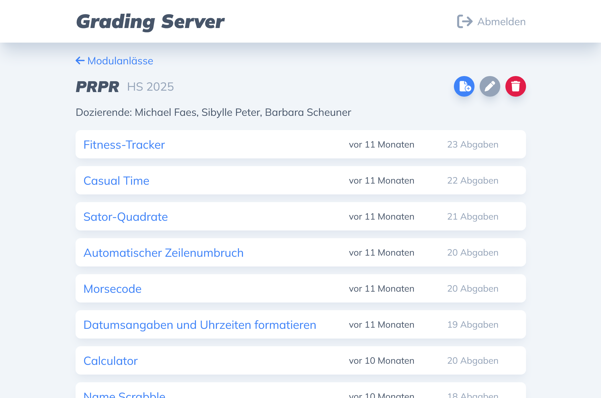 Kursübersicht im Grading Server